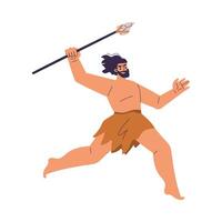Primitive Man Character and Caveman in Loincloth Run with Spear Illustration vector