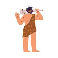 Primitive Man Character and Caveman in Loincloth Stand with Bludgeon Illustration vector