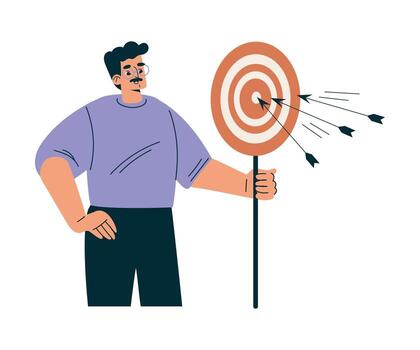 Man Character with Dartboard as Productive Team Member Illustration vector