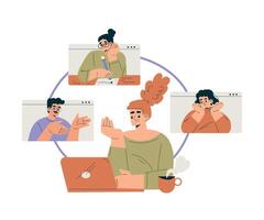 Productive Team with Business Man and Woman Meeting at Web Conference Work Together Illustration vector