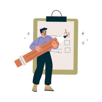 Man Character with Checkbox List as Productive Team Member Illustration vector