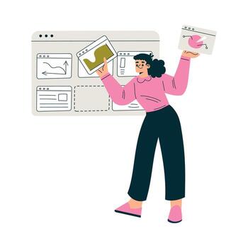 productivo flujo de trabajo con mujer con ventana pantalla gerente tarea ilustración vector