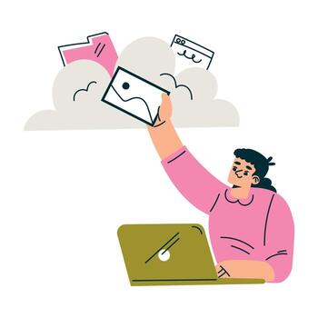 productivo flujo de trabajo con mujer a ordenador portátil Tienda documento en nube gerente tarea ilustración vector