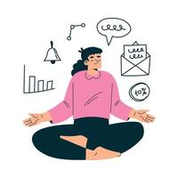 Productive Workflow with Woman Sit in Meditation Pose Managing Task Illustration vector