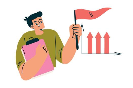 productivo flujo de trabajo con hombre con bandera y portapapeles gerente tarea ilustración vector