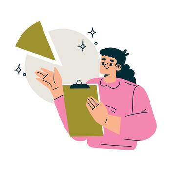 productivo flujo de trabajo con mujer con tarta gráfico y portapapeles gerente tarea ilustración vector