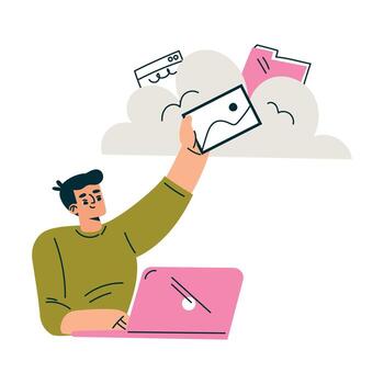 productivo flujo de trabajo con hombre a ordenador portátil Tienda documento en nube gerente tarea ilustración vector