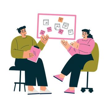 productivo flujo de trabajo con hombre y mujer a tablero gerente y discutir tarea ilustración vector