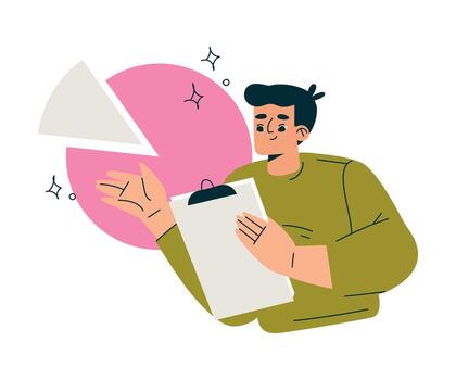 productivo flujo de trabajo con hombre con portapapeles y tarta gráfico gerente tarea ilustración vector