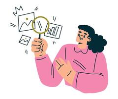 Productive Workflow with Woman Hold Magnifier Managing Task Illustration vector