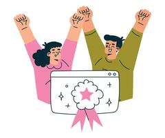 Productive Workflow with Man and Woman Cheering Gain Certificate of Success Managing Task Illustration vector