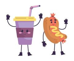 Cute Soda Drink and Hot Dog Product with Smiling Face and Legs Illustration vector
