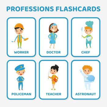 Different Profession Flashcard with Boy and Girl Character Set vector