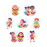 Pretty Boy and Girl Reading Book Engaged in Recreation Activity Illustration Set vector