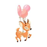 Cute Reindeer Baby with Spotted Body and Antler Fly with Pink Balloon Illustration vector