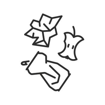 garbage icon, household waste, can, apple core, crumpled paper, thin line symbol on white background - editable stroke illustration eps10 vector