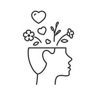 mental health icon, human head with flowers, self love, yourself care, wildflowers, thin line illustration vector