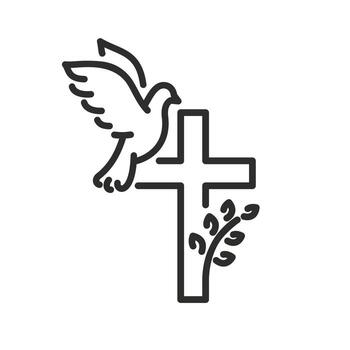 christian cross with dove icon, easter concept, thin line web symbol on white background - editable stroke illustration eps10 vector