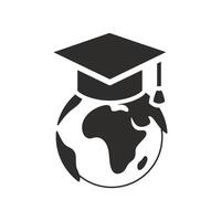 earth in graduate hat, international education icon, world globe university, academy online learn, global distance education, flat illustration vector