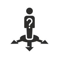 people choice lost, man with question decision icon, answer doubt, business direction crossroad, person in confuse, flat illustration vector