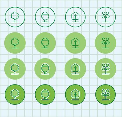 A set of green icons with trees and other symbols