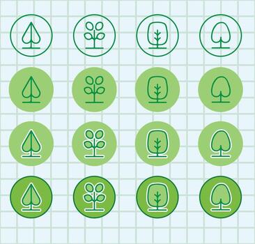 A set of green trees icons on a grid vector
