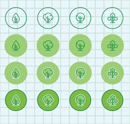 Green icons set with trees and plants