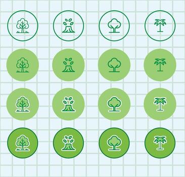 Various green trees icons on a grid background vector