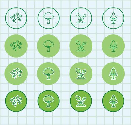 A set of green icons with trees and plants