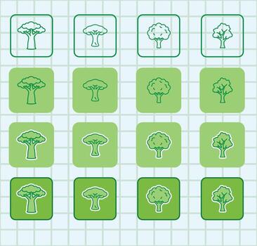 A set of green trees icons on a grid background vector