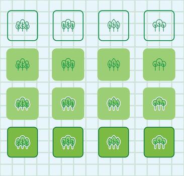 A set of green square icons with trees on them vector
