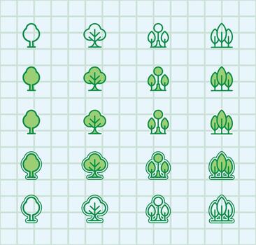 Green trees icons set on a grid background vector