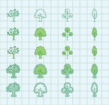 A set of trees icons in green on a grid vector