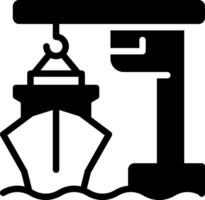 Port crane pixel perfect glyph solid icon. Lifting machine loading cargo onto ship. Freight transportation in dock. Black silhouette symbol on negative space. Isolatedillustration vector