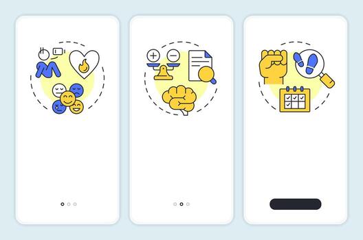 Job attitude components onboarding mobile app screen. Employee psychology. Walkthrough 3 steps editable graphic instructions with linear concepts. UI, UX, GUI vector