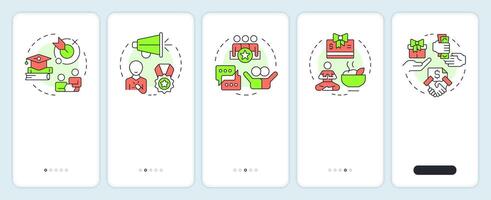 5P of employee fulfillment onboarding mobile app screen. Walkthrough 5 steps editable graphic instructions with linear concepts. UI, UX, GUI vector