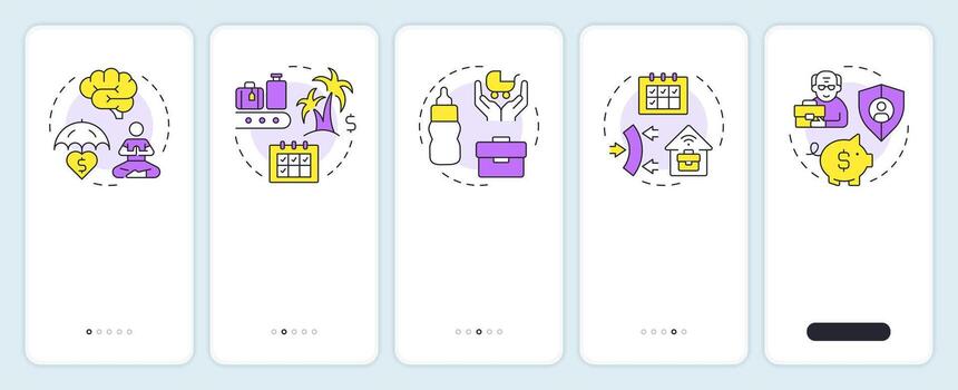 Employee benefits onboarding mobile app screen. Vacation, pension. Walkthrough 5 steps editable graphic instructions with linear concepts. UI, UX, GUI vector