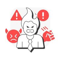 Anger flat outline concept icon. Frustration and resentment. Five stages of grief. Organizational change management. Modern line illustration with red glyphs. Conceptual visual. Easy to edit vector