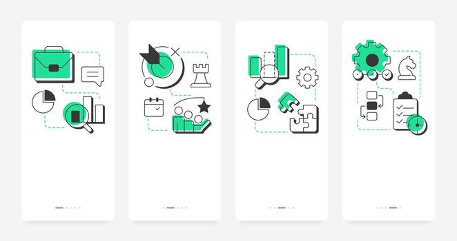 Stages of gap analysis mobile app onboarding screens. Business data research. Performance development. Flat UI UX design, green highlight with outline icons conceptual vector