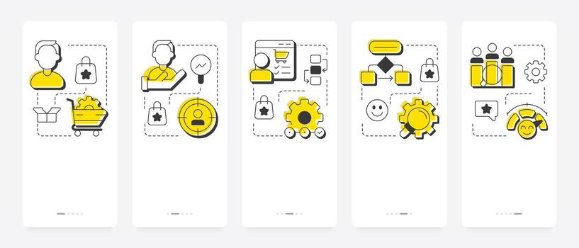 Gap analysis tools mobile app onboarding screens. Performance improvement. Methods of business research. Flat UI UX design, yellow highlight with outline icons conceptual vector
