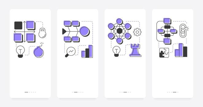 herramientas de brecha análisis móvil aplicación inducción pantallas corporativo mantenimiento. identificar negocio potencial. plano ui ux diseño, púrpura realce con contorno íconos conceptual vector