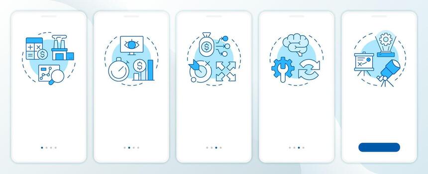 Steps in capacity management processes blue onboarding mobile app screen. Walkthrough 5 steps editable graphic instructions with linear concepts. UI, UX, GUI vector