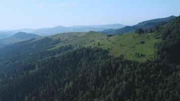 Dirt road winding through green hills and forest, distant mountains under a clear blue sky. Summer. video