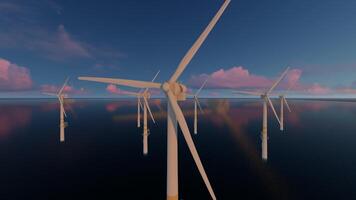 Wind turbines in the ocean at sunset video