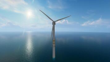 A wind turbine in the ocean with the sun shining video