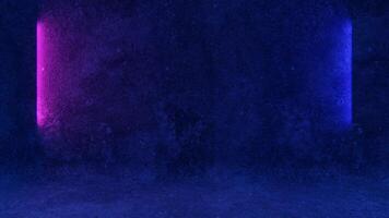 A dark room with neon lights and a blue wall video