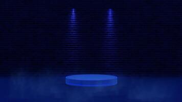 A blue light on a stage with a brick wall video