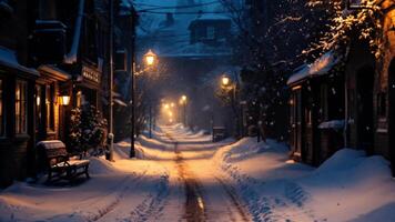 A snowy street at night with a bench and street lights video