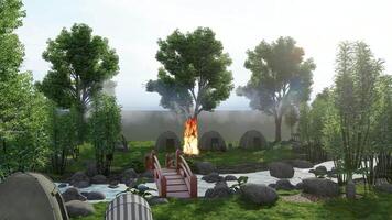A 3d rendering of a garden with a fire in it video