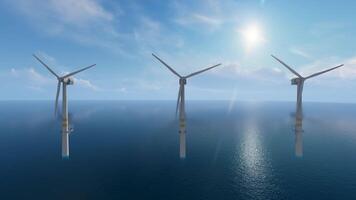 Three wind turbines in the ocean with the sun shining video
